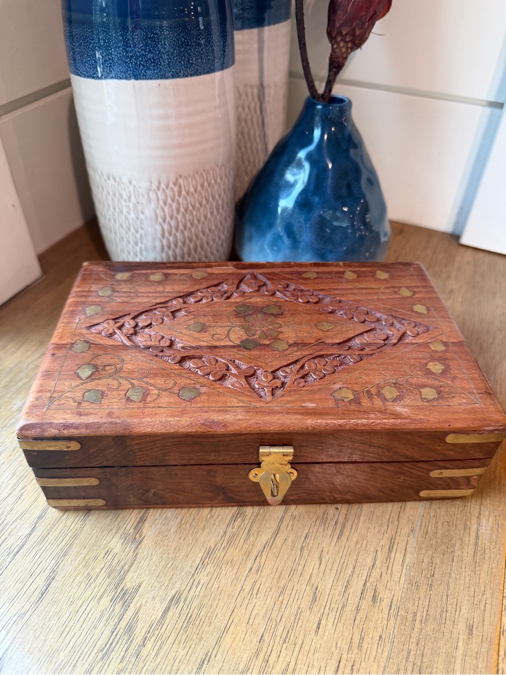 Hand-Carved Wooden Jewelry Box with Antique Brass Accents - Brown